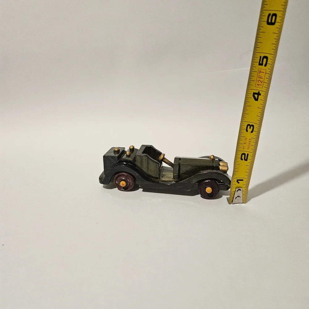 Vintage Style Handcrafted Wooden Roadster Model Car Dark Green Gold Accents